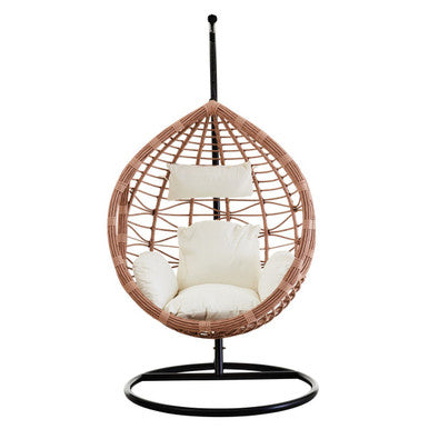 Teal woven wicker egg chair with white cushioning on black metal stand in natural rattan effect hanging chair design