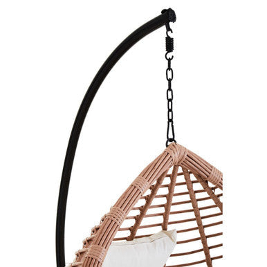 Beige woven natural rattan effect hanging egg chair with black metal frame and chain suspension goa style