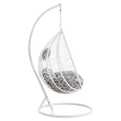 Goa white rattan effect hanging chair with white woven egg design and gray cushion suspended from metal frame
