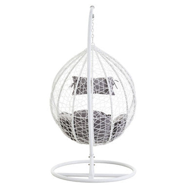 Goa white rattan effect hanging chair with white woven frame and gray cushioned interior for relaxing seating