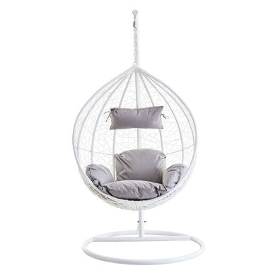 Goa white rattan effect hanging chair with white woven rattan and gray cushioned seat for cozy outdoor use