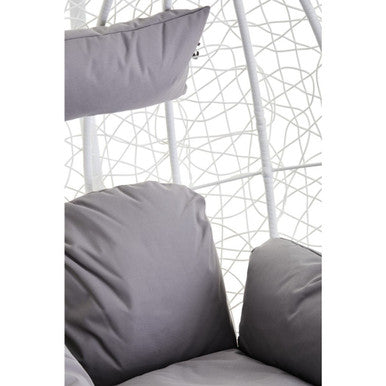 Goa white rattan effect hanging chair with gray cushioned seat and soft fabric upholstery on a woven white rattan frame