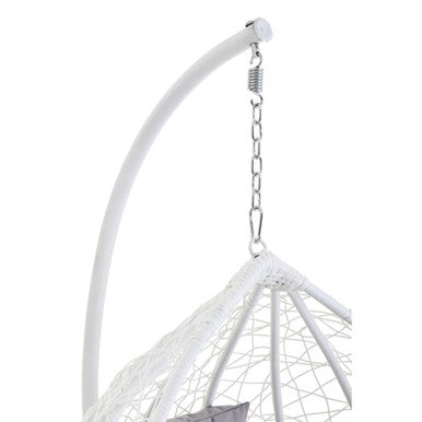 Goa white rattan effect hanging chair with woven mesh design and metal support frame in white rattan effect finish