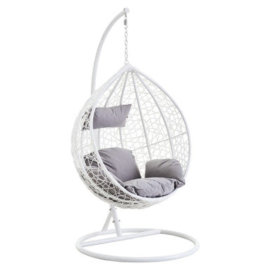 Goa white rattan effect hanging chair with white woven rattan and gray cushions for cozy outdoor seating