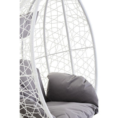 White rattan effect woven egg-shaped hanging chair with gray cushioned seat from goa collection