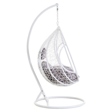 Goa white rattan effect hanging chair with grey cushions featuring a white woven egg design and comfy gray cushion inside