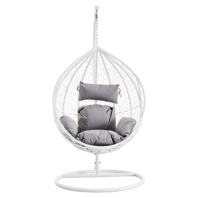 Goa white rattan hanging chair with white wicker frame and comfy grey cushions for relaxing seating