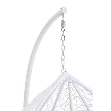 Goa white rattan hanging chair with grey cushions featuring a curved metal frame and woven mesh seat