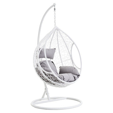Goa white rattan hanging chair with white woven frame and comfy grey cushions perfect for relaxing outdoors