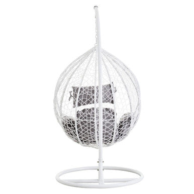 Goa white rattan hanging chair with white woven design and dark grey cushions for comfy seating