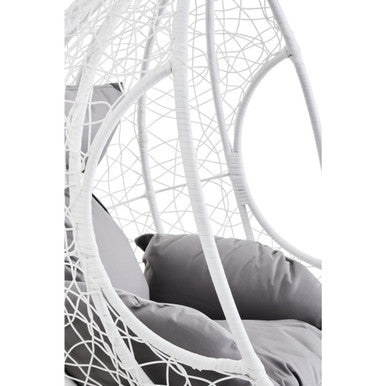 White woven wicker hanging chair with grey cushions goa white rattan effect perfect for relaxing outdoors