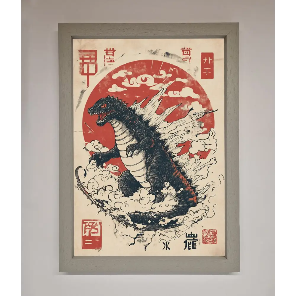 Godzilla Rises Red Sun Framed Poster - A3 (29.7 x 42 cm) / Grey - Framed Print