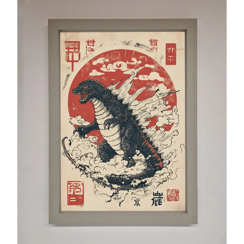 Godzilla Rises Red Sun Framed Poster - A3 (29.7 x 42 cm) / Grey - Framed Print