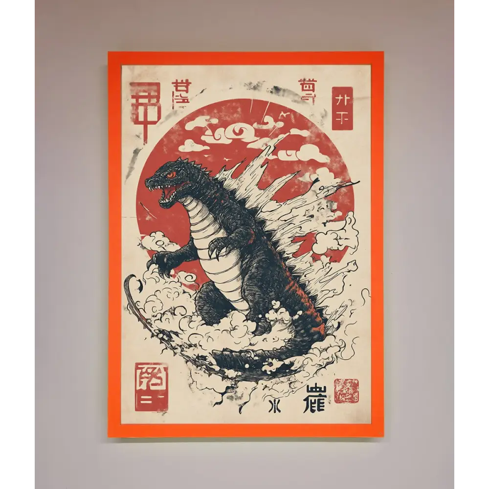 Godzilla Rises Red Sun Framed Poster - A3 (29.7 x 42 cm) / Neon Orange - Framed Print