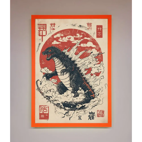 Godzilla Rises Red Sun Framed Poster - A3 (29.7 x 42 cm) / Neon Orange - Framed Print