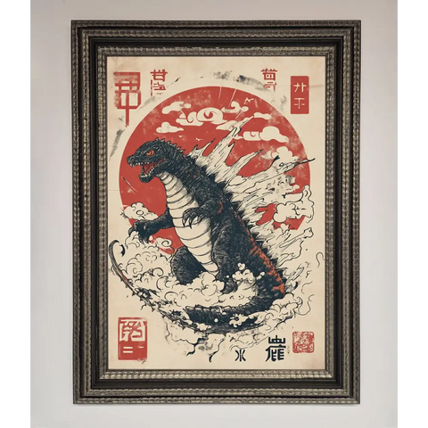 Godzilla Rises Red Sun Framed Poster - A3 (29.7 x 42 cm) / Ornate Silver Black - Framed Print
