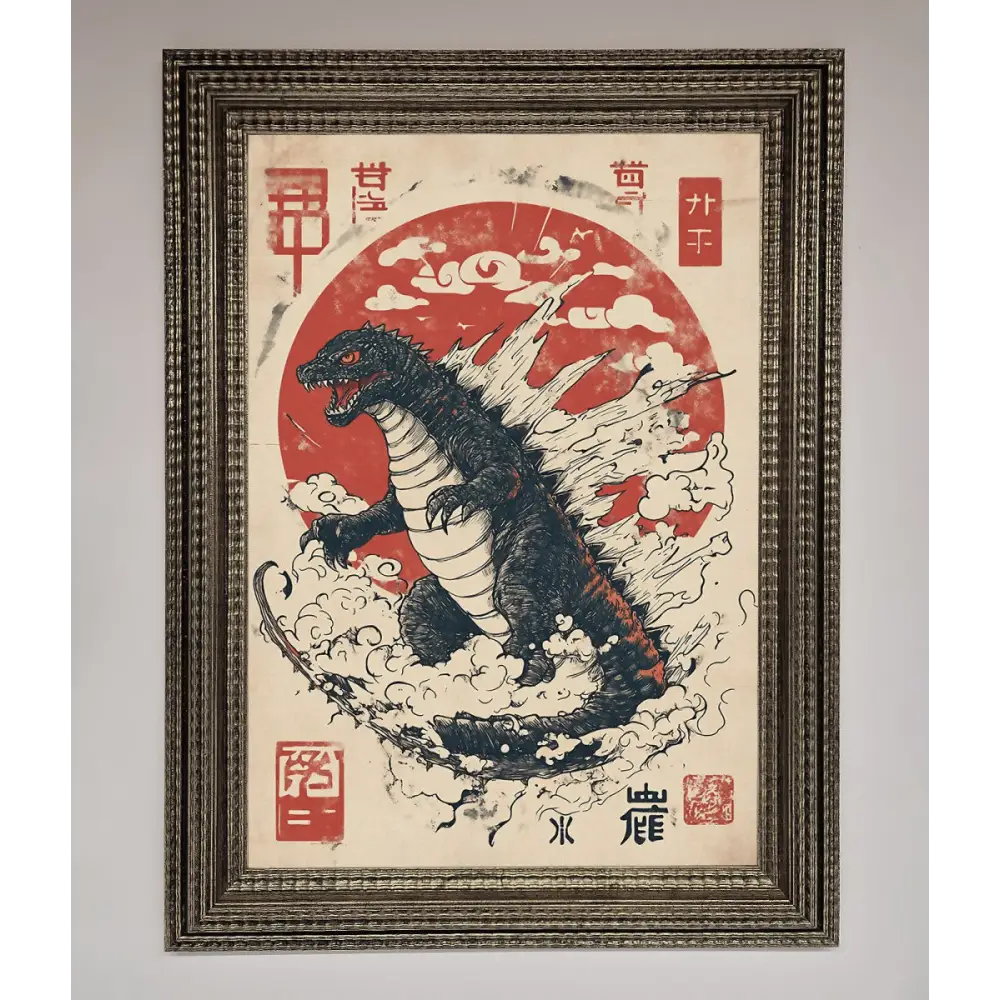 Godzilla Rises Red Sun Framed Poster - A3 (29.7 x 42 cm) / Ornate Silver - Framed Print