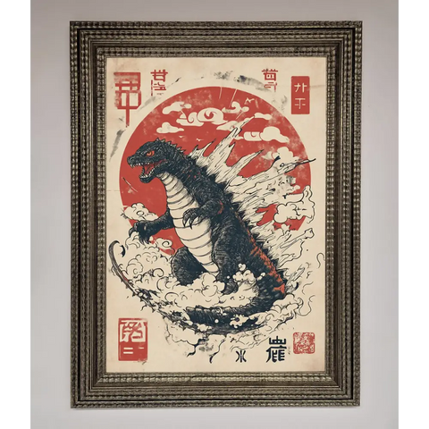 Godzilla Rises Red Sun Framed Poster - A3 (29.7 x 42 cm) / Ornate Silver - Framed Print