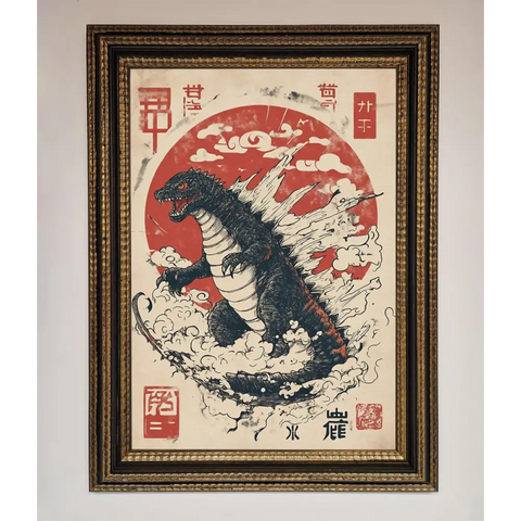 Godzilla Rises Red Sun Framed Poster - A3 (29.7 x 42 cm) / Ornate Gold Black - Framed Print
