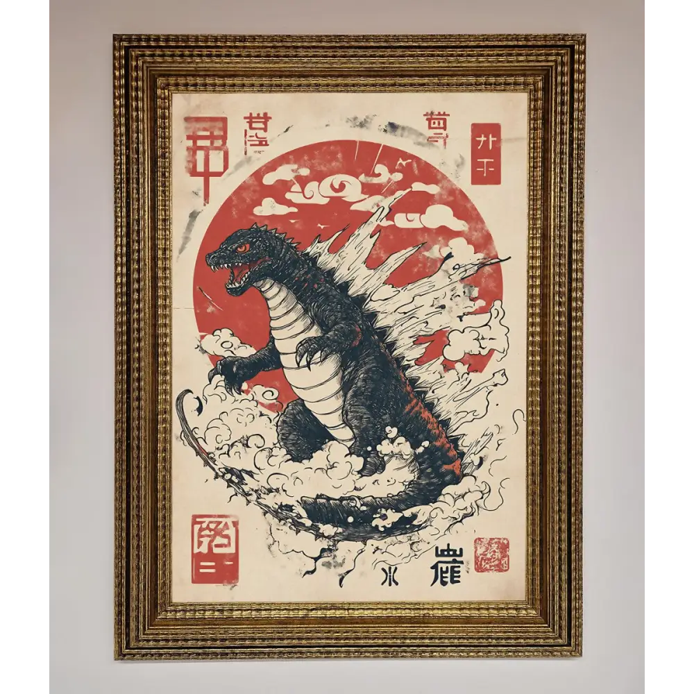 Godzilla Rises Red Sun Framed Poster - A3 (29.7 x 42 cm) / Ornate Gold - Framed Print