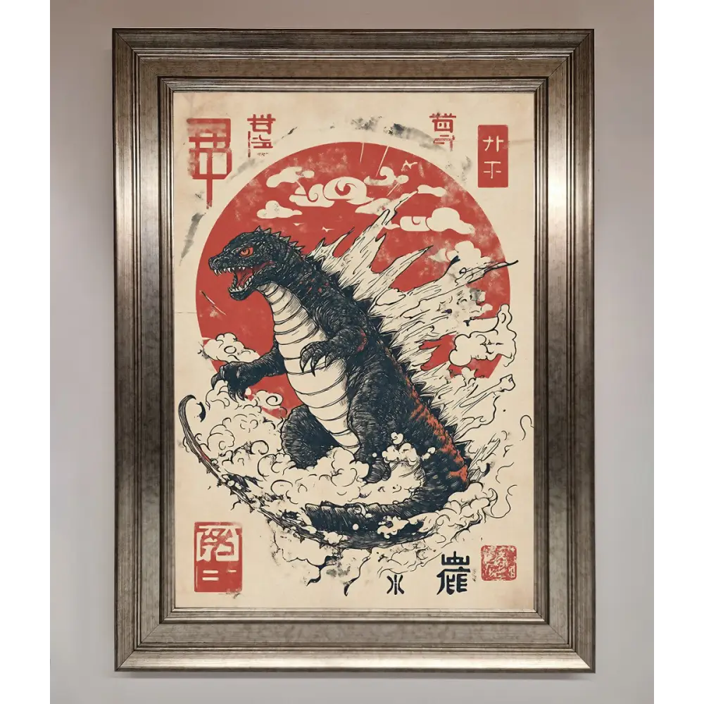 Godzilla Rises Red Sun Framed Poster - A3 (29.7 x 42 cm) / Silver - Framed Print