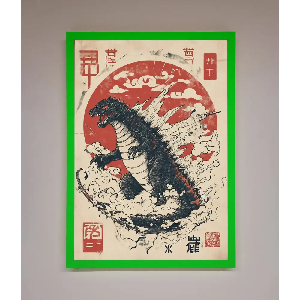 Godzilla Rises Red Sun Framed Poster - B0 (100 x 141 cm) / Neon Dark Green - Framed Print