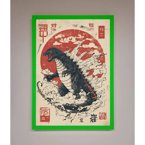 Godzilla Rises Red Sun Framed Poster - B0 (100 x 141 cm) / Neon Dark Green - Framed Print