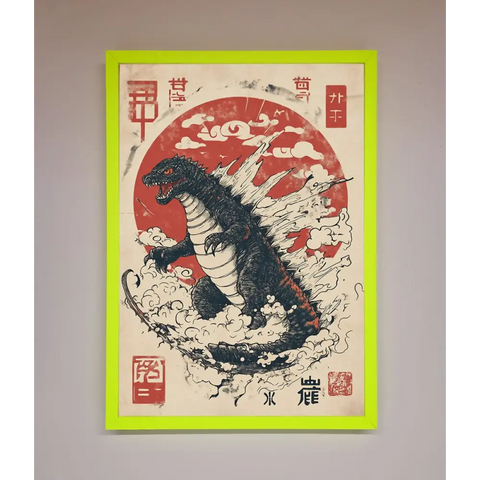 Godzilla Rises Red Sun Framed Poster - B0 (100 x 141 cm) / Neon Green - Framed Print