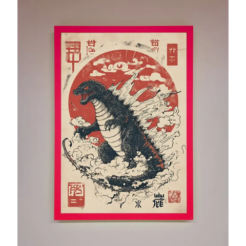 Godzilla Rises Red Sun Framed Poster - B0 (100 x 141 cm) / Neon Pink - Framed Print