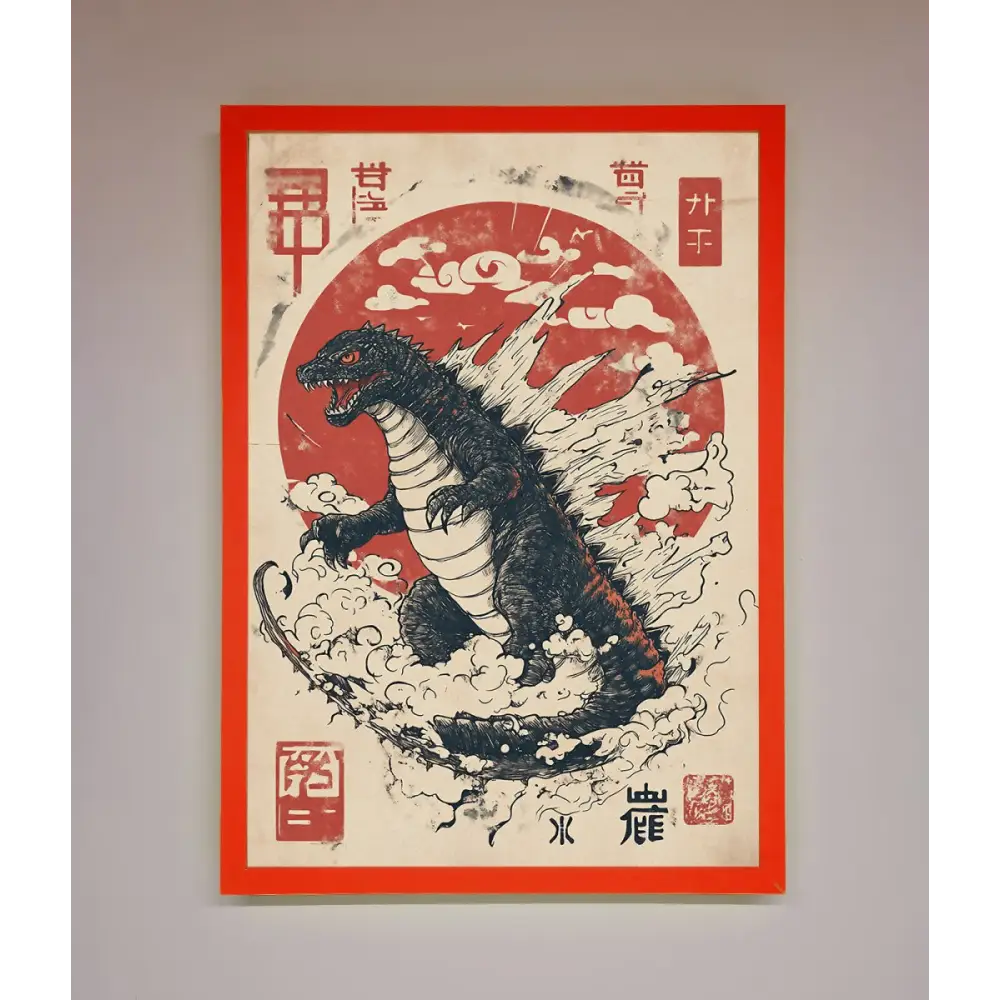 Godzilla Rises Red Sun Framed Poster - B0 (100 x 141 cm) / Neon Red - Framed Print