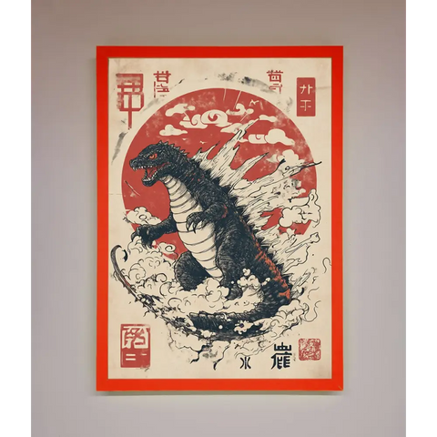 Godzilla Rises Red Sun Framed Poster - B0 (100 x 141 cm) / Neon Red - Framed Print