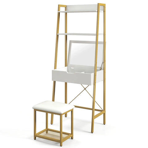 Modern white and gold goflame vanity table set with flip top mirror, storage drawers, and cushioned stool