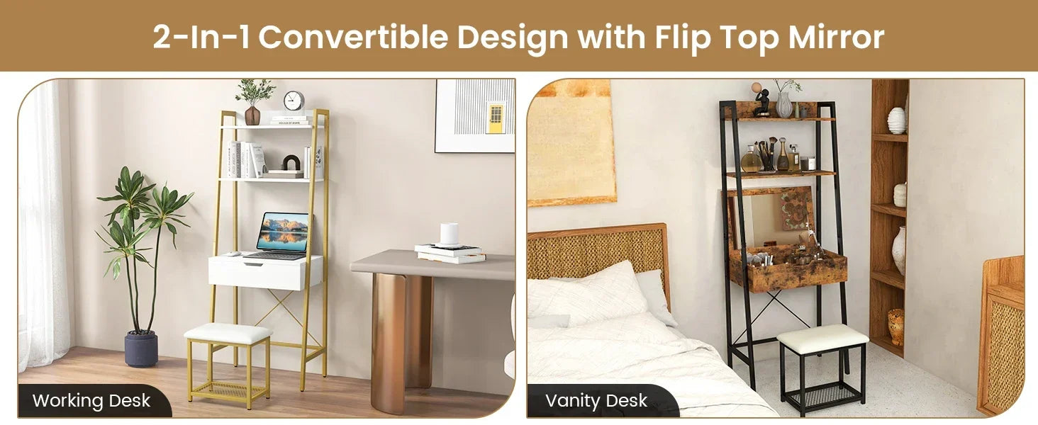 Gold-finished metal vanity table set with white drawer flip top mirror and cushioned stool for makeup or work use
