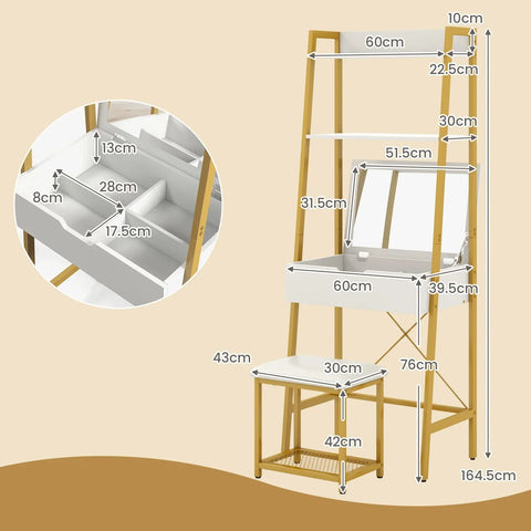 White and gold goflame vanity table set with flip top mirror cushioned stool and adjustable ladder shelves