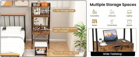 Rustic wooden vanity table set with black metal frame wide tabletop cushioned stool and multiple storage shelves