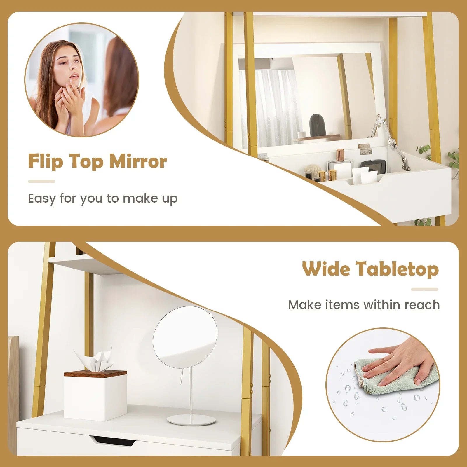 White flip top mirror with gold frame and slender stand on goflame vanity table set with cushioned stool and shelves