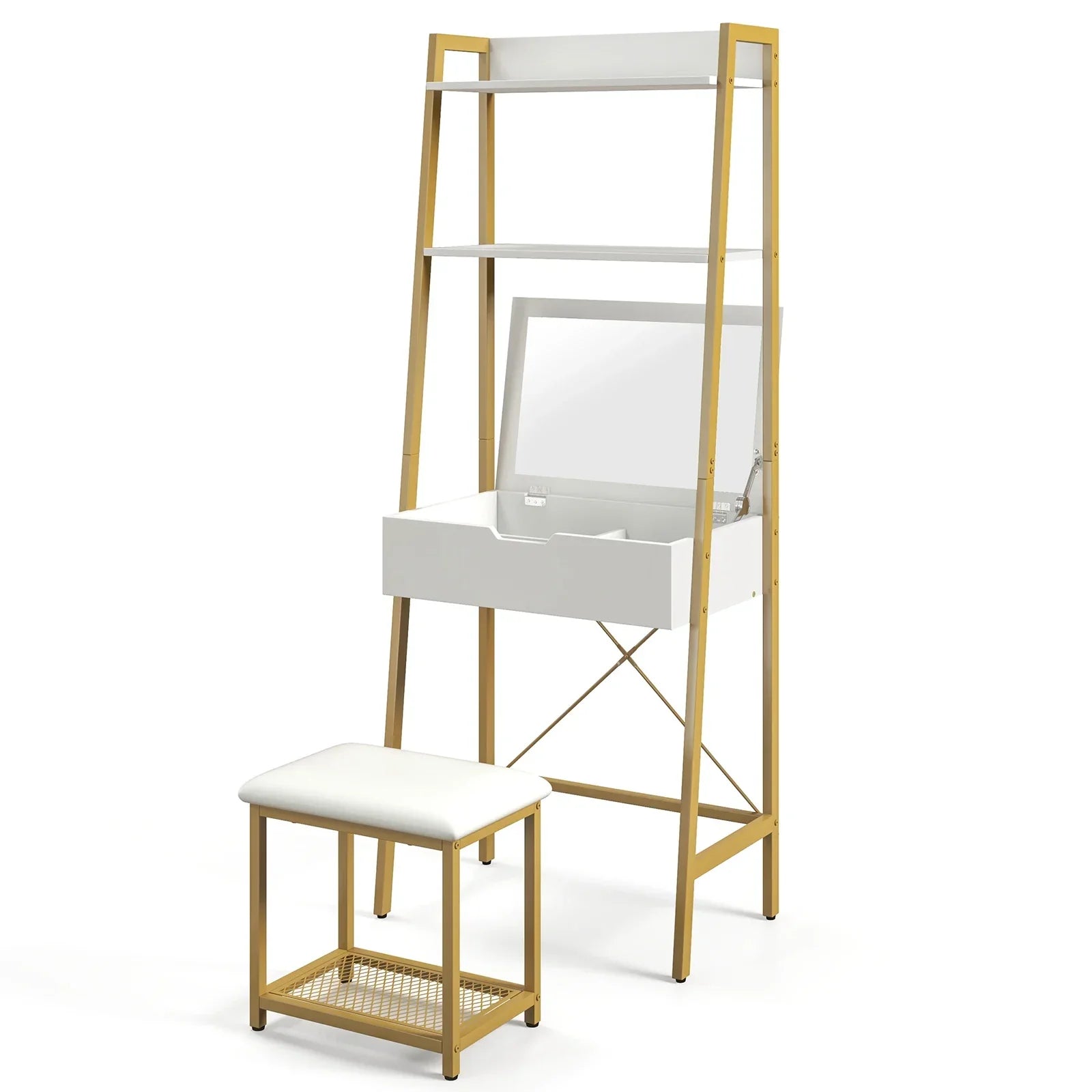 Modern white and gold vanity table set with flip top mirror, storage drawers, ladder shelves, and cushioned stool