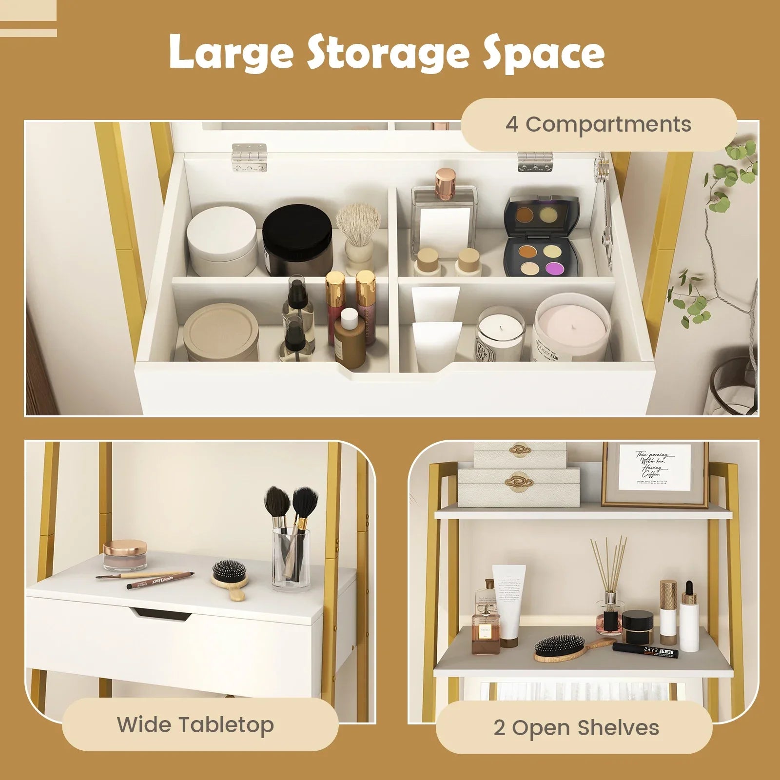 White and gold goflame vanity table set with flip top mirror cushioned stool wide tabletop and ladder shelves