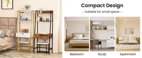 Modern minimalist goflame vanity table set with white drawer, rustic wood top, gold metal legs, and cushioned stool