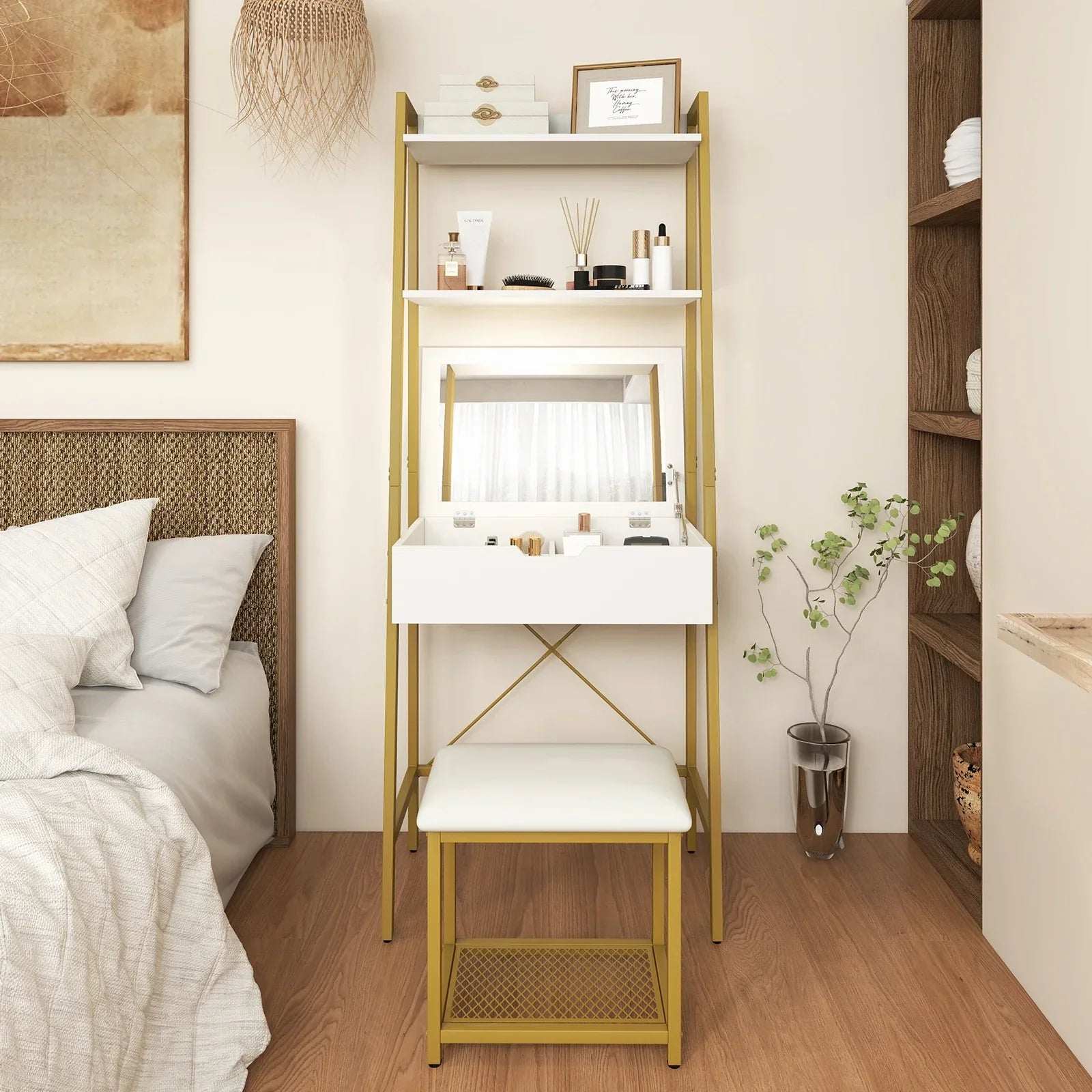 Gold framed foldable vanity table set with white top flip top mirror and cushioned stool for makeup storage