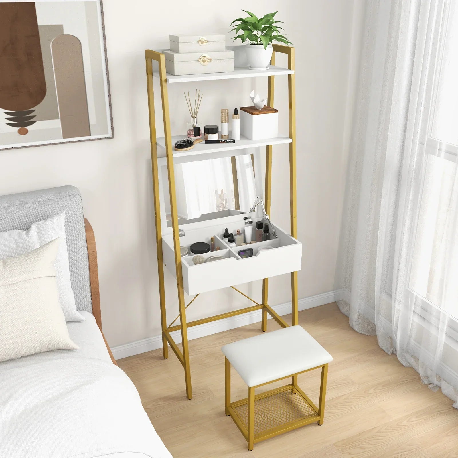 White and gold metal framed vanity table set with flip top mirror open shelves cushioned stool for makeup storage