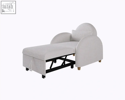Beige boucle upholstered goh single sofa bed with curved armrests and matching pillow cozy seat and sofa bed
