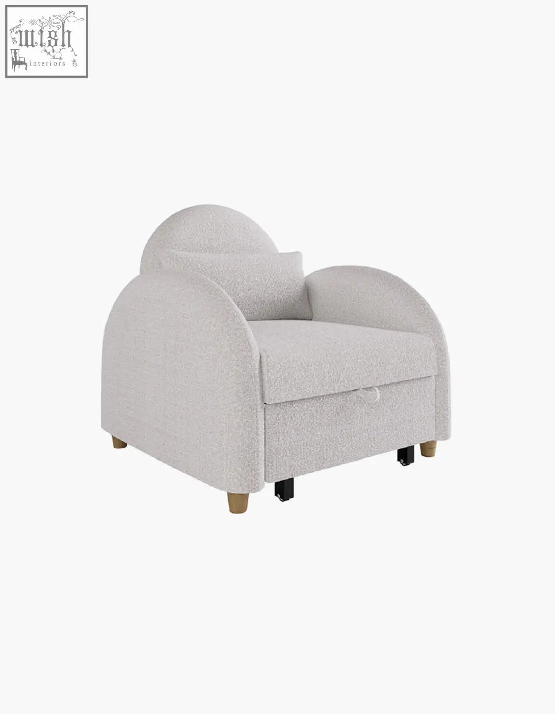 Cozy light gray boucle single sofa bed with rounded back and matching cushion perfect as a comfy seat