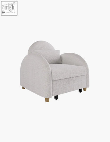 Cozy light gray boucle single sofa bed with rounded back and matching cushion perfect as a comfy seat