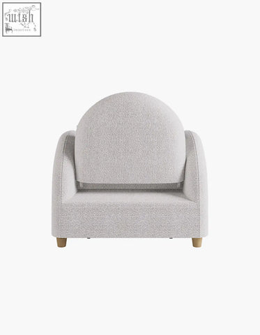 Goh single sofa bed in light gray boucle with cozy rounded back and wooden legs perfect as a single sofa bed seat