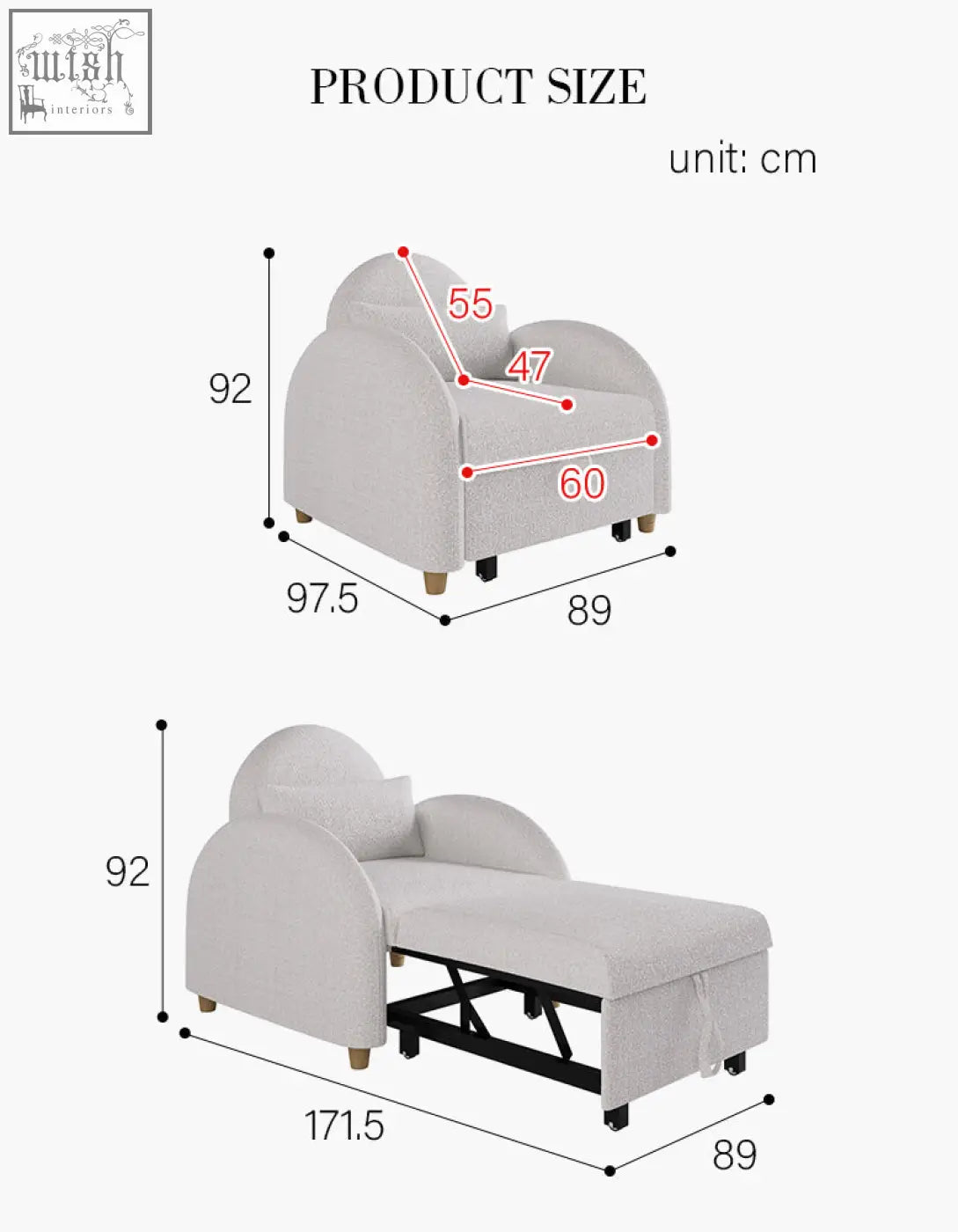 Light gray boucle single sofa bed with chaise lounge cozy seat and rounded arms on wooden legs