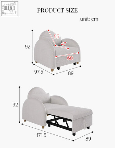 Light gray boucle single sofa bed with chaise lounge cozy seat and rounded arms on wooden legs
