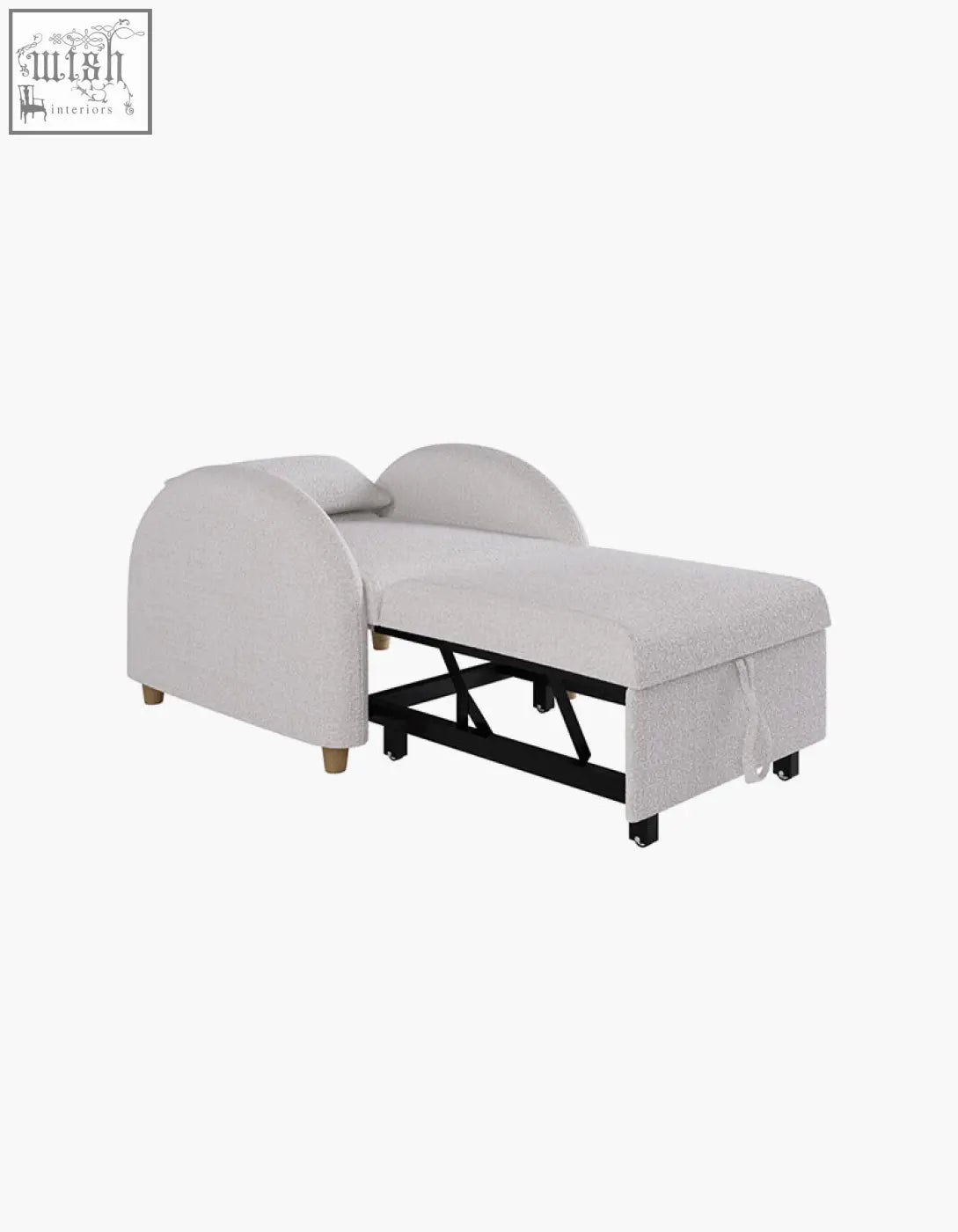 Light gray boucle single sofa bed with curved armrests and black metal frame perfect cozy seat and sofa bed option