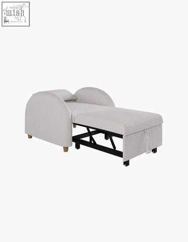 Light gray boucle single sofa bed with curved armrests and black metal frame perfect cozy seat and sofa bed option