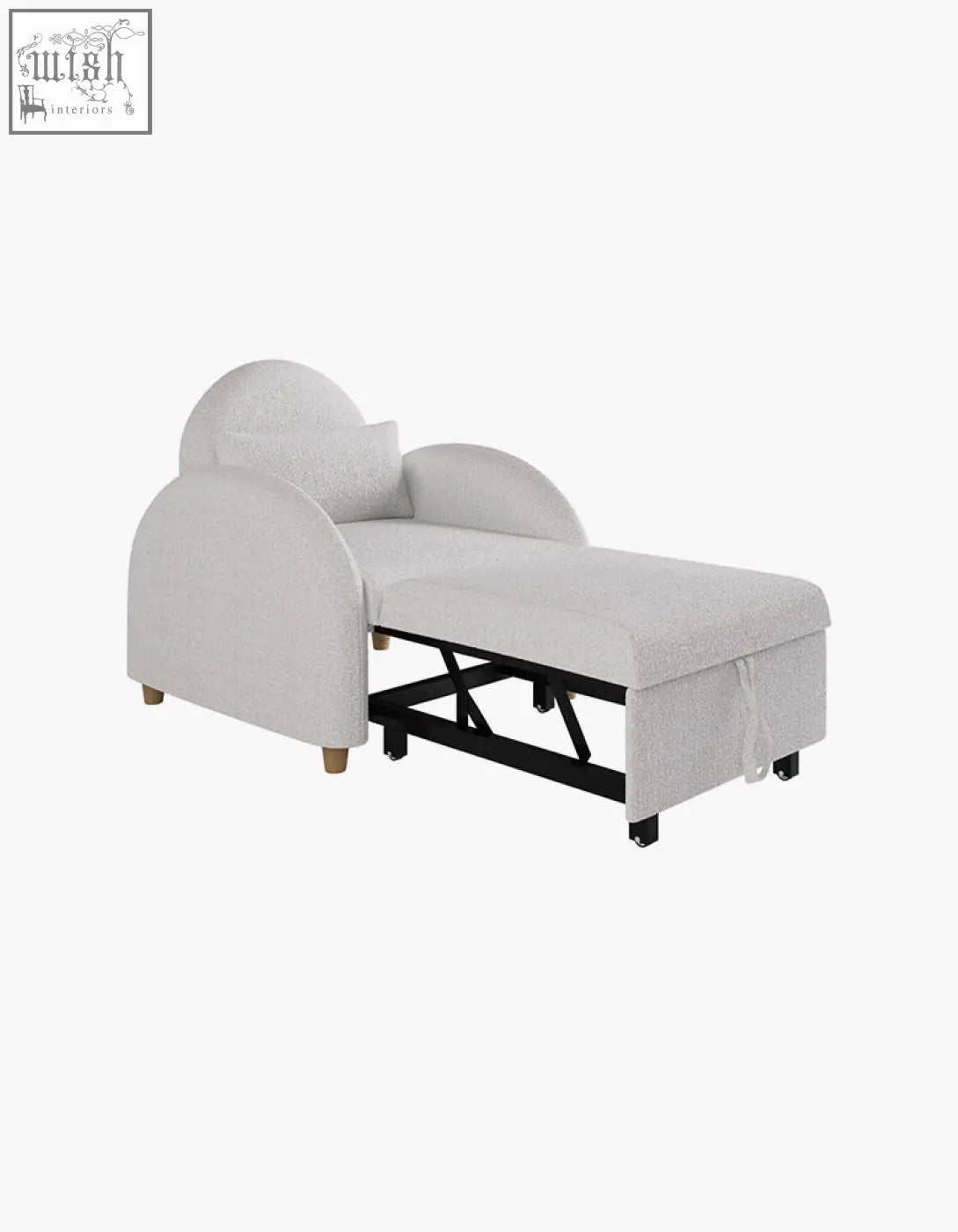 Goh single sofa bed in light gray boucle fabric with curved backrest and cozy seat chaise lounge design
